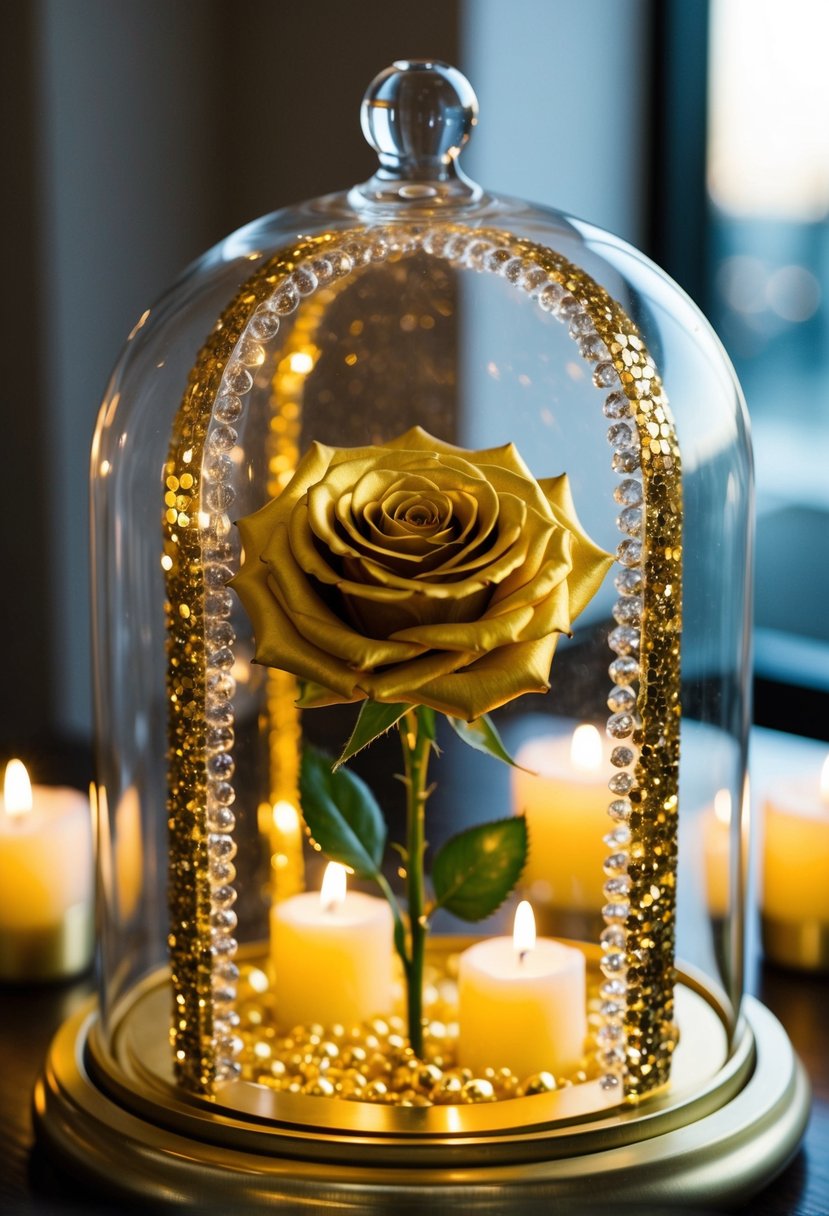 A golden rose encased in a glass dome, surrounded by soft candlelight and shimmering gold accents