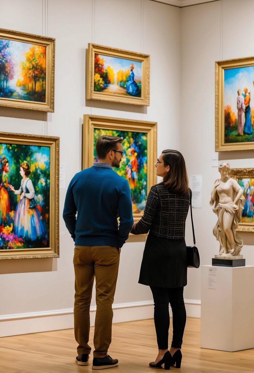 A couple admires colorful paintings in an art gallery, surrounded by elegant sculptures and framed artwork