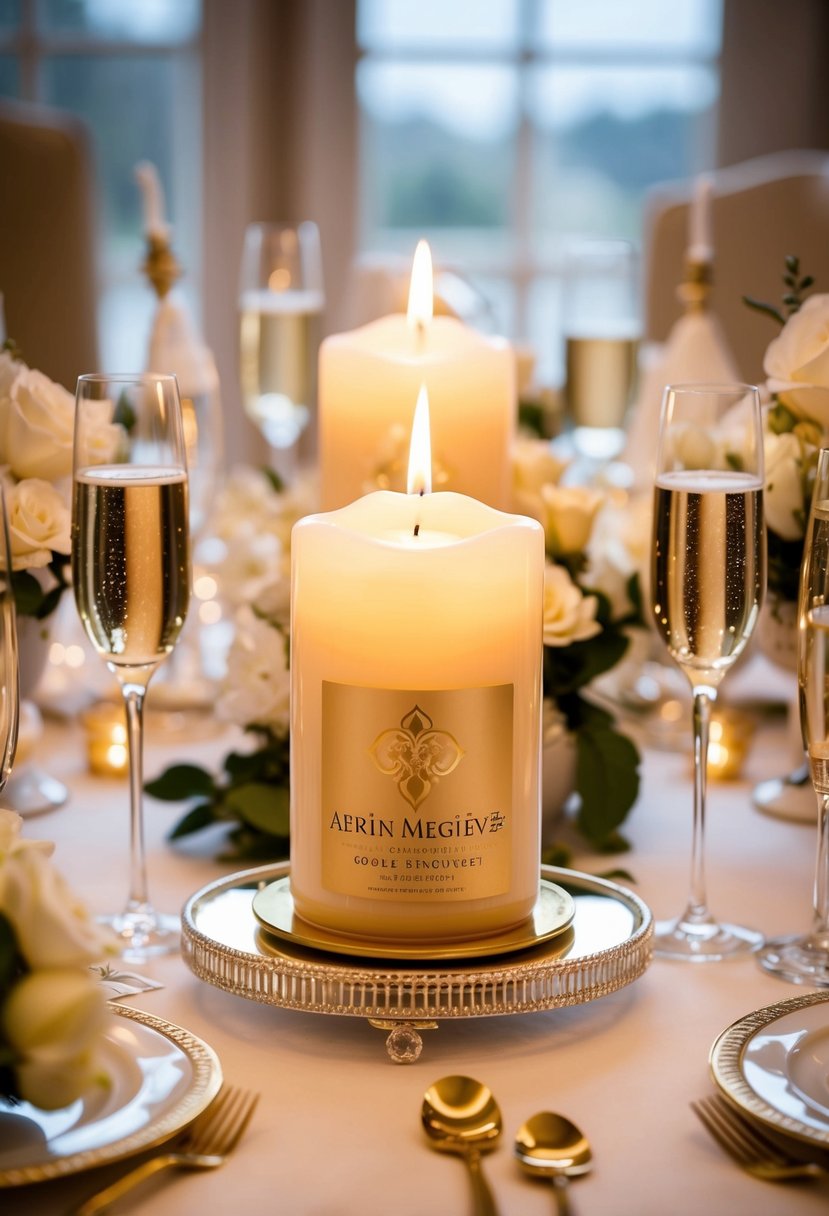 A luxurious golden wedding anniversary celebration with Aerin Megeve's Rose Candle as the centerpiece, surrounded by elegant decor and champagne glasses