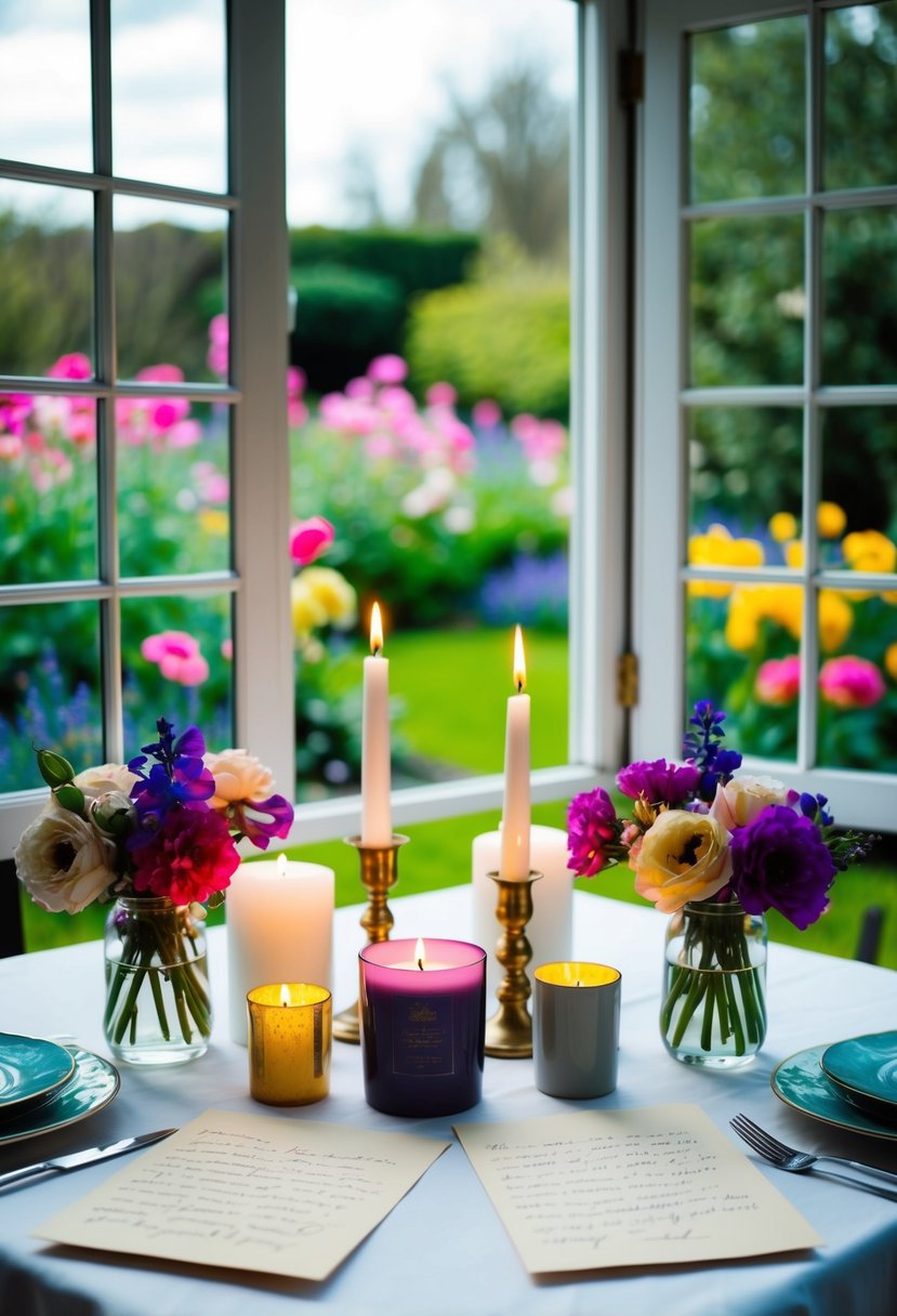 A table set with candles, flowers, and two handwritten letters. An open window reveals a garden in bloom