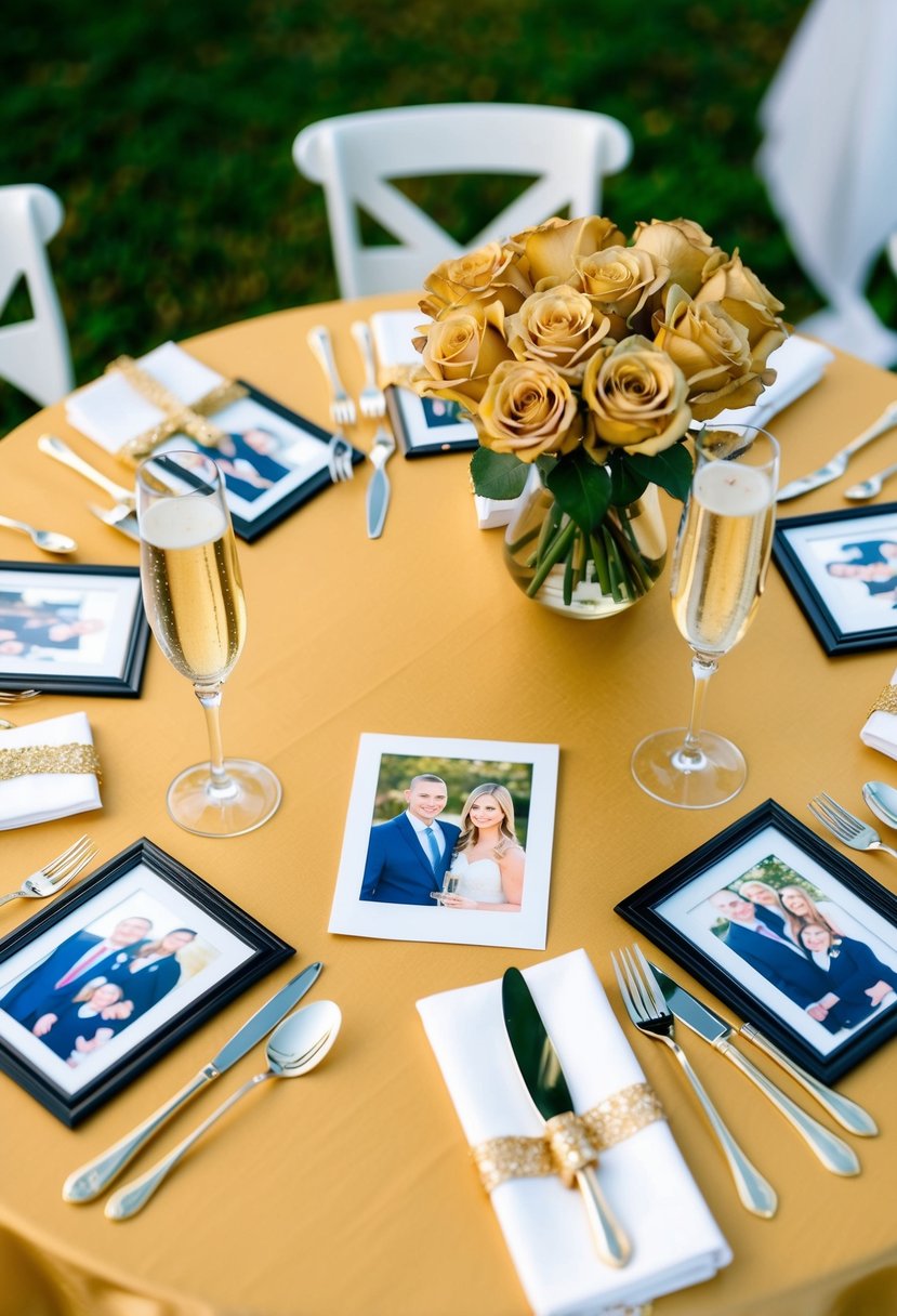 A table set with a golden tablecloth, surrounded by family photos and golden decorations, with two champagne glasses and a vase of golden roses