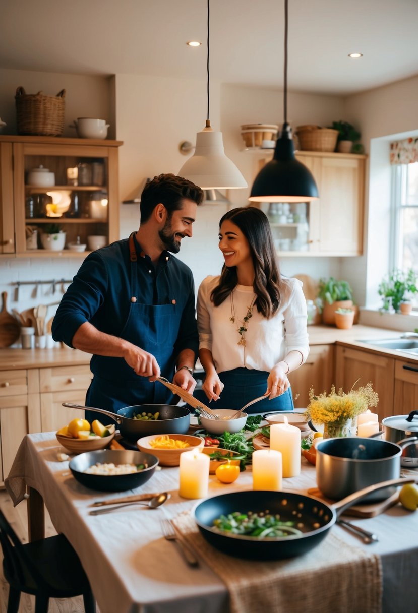 A couple prepares a meal together in their cozy kitchen, surrounded by pots, pans, and fresh ingredients. The table is set with a beautiful tablecloth and candles, creating a warm and inviting atmosphere