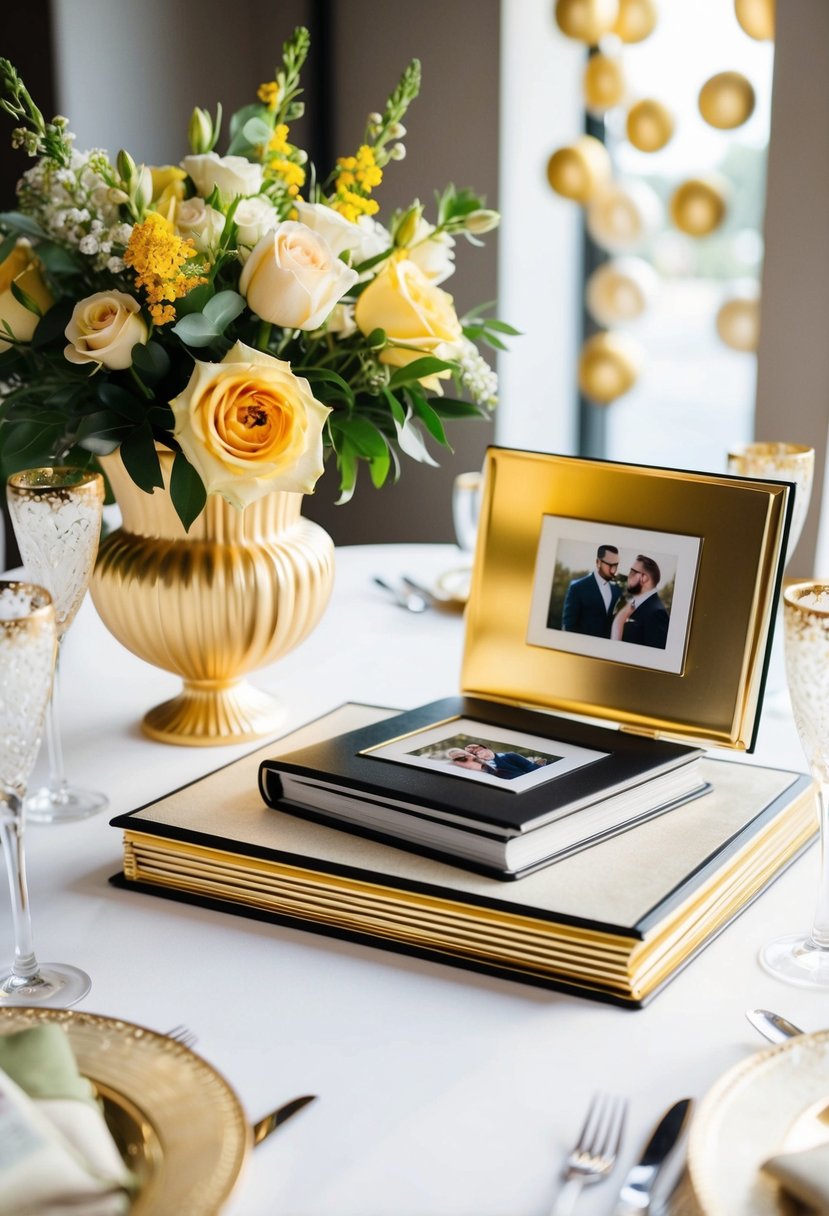 A beautifully decorated table with a photo album, golden anniversary decorations, and a bouquet of flowers