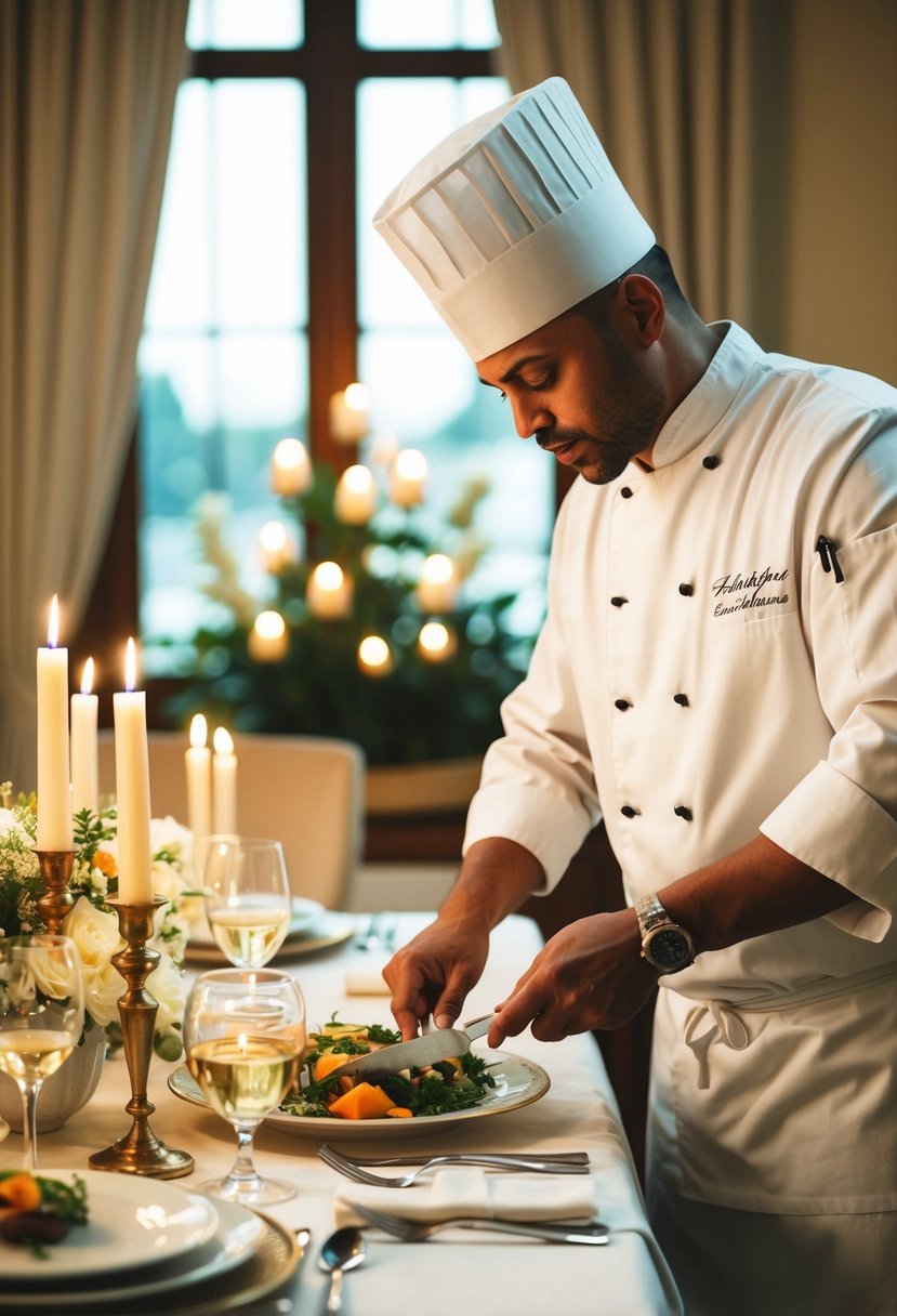 A private chef preparing an elegant anniversary dinner in a cozy dining room with a beautifully set table and soft candlelight