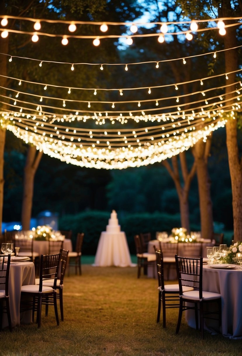 Soft, warm string lights hang from above, creating a romantic glow over an outdoor wedding reception. Fairy lights twinkle in the trees, adding a magical touch to the evening celebration