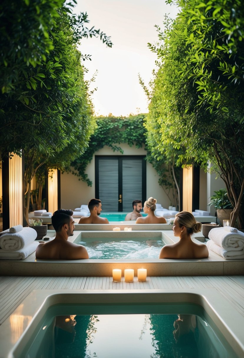 A serene spa with couples enjoying massages, facials, and hot tubs surrounded by lush greenery and calming music