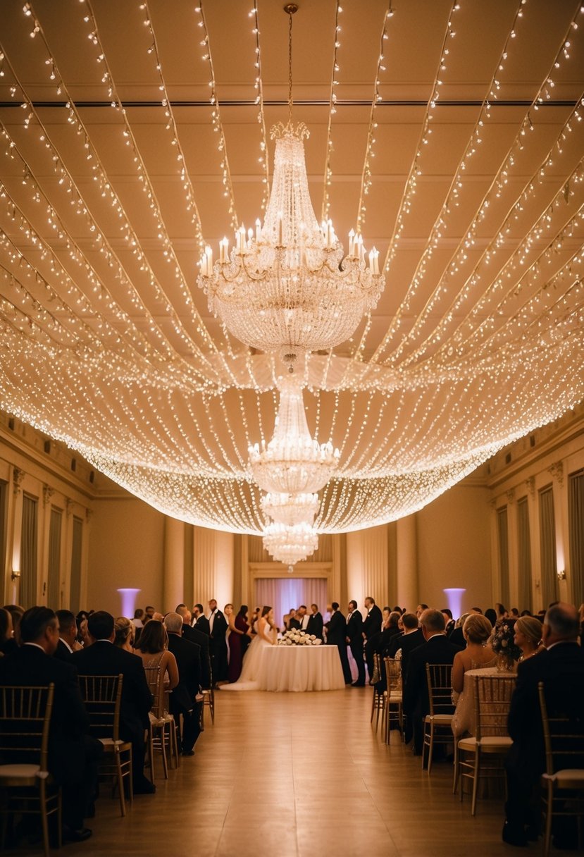 A grand hall with a canopy of twinkling lights, casting a warm and romantic glow over the wedding reception