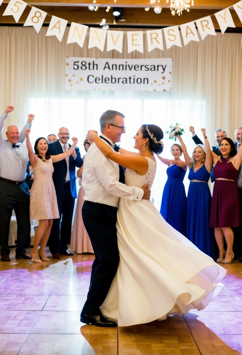 A couple swirling on a dance floor, surrounded by family and friends cheering them on, with a banner reading "58th Anniversary Celebration" in the background