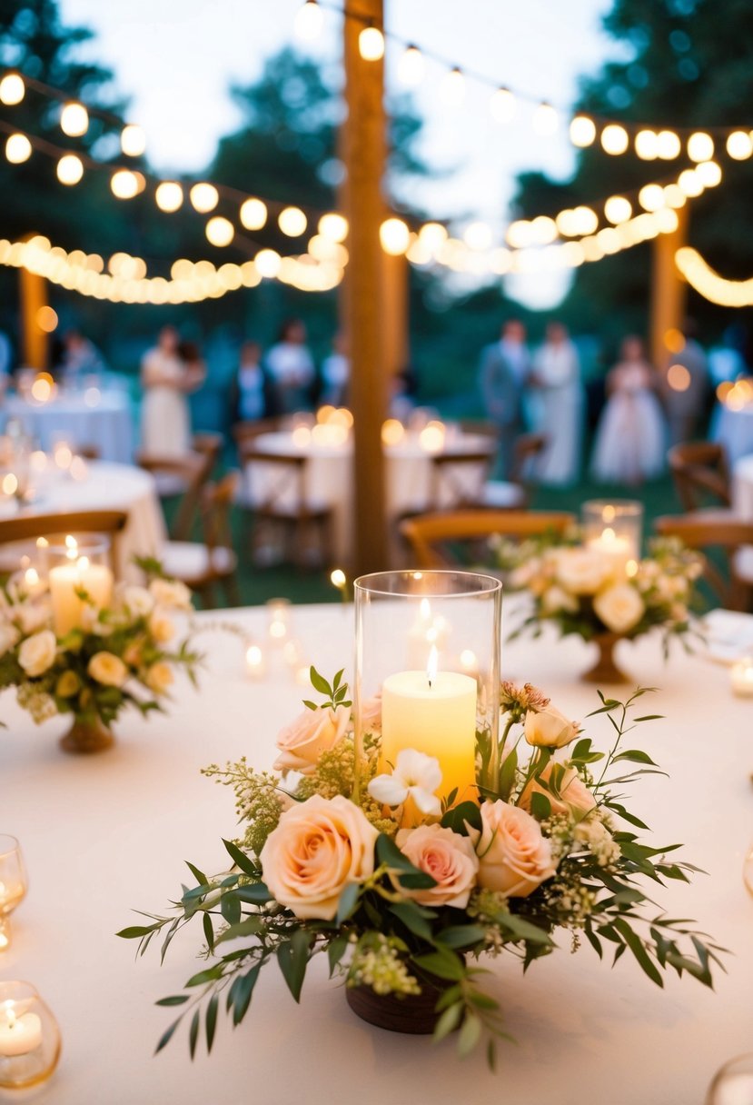 Soft, warm string lights twine around delicate floral arrangements, casting a romantic glow over an outdoor wedding reception