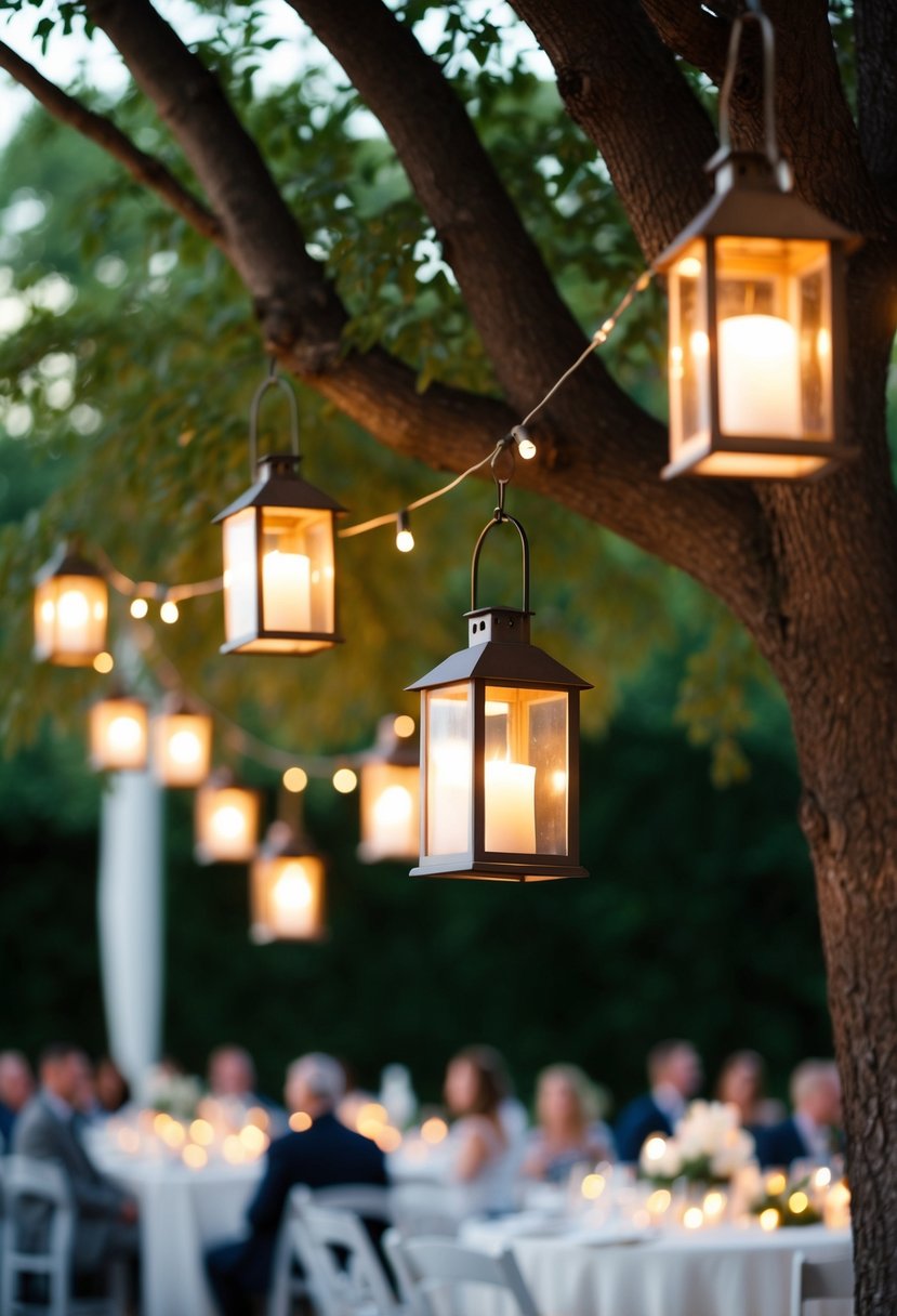 A row of lanterns hanging from a tree, casting a warm glow over an outdoor wedding reception