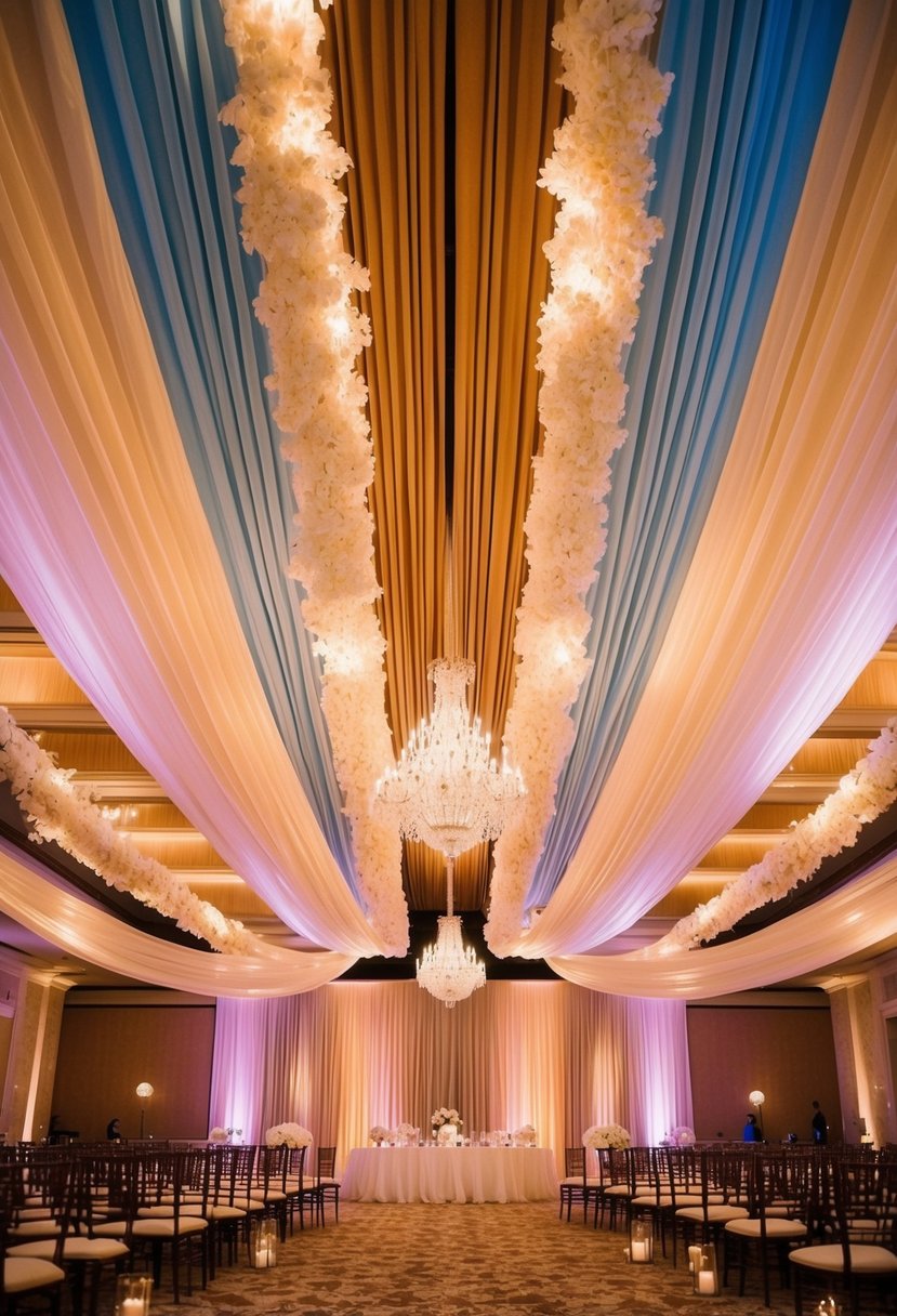 A grand ballroom adorned with cascading drapery in soft hues, illuminated by a mix of warm and cool wedding lighting, creating a romantic and enchanting ambiance