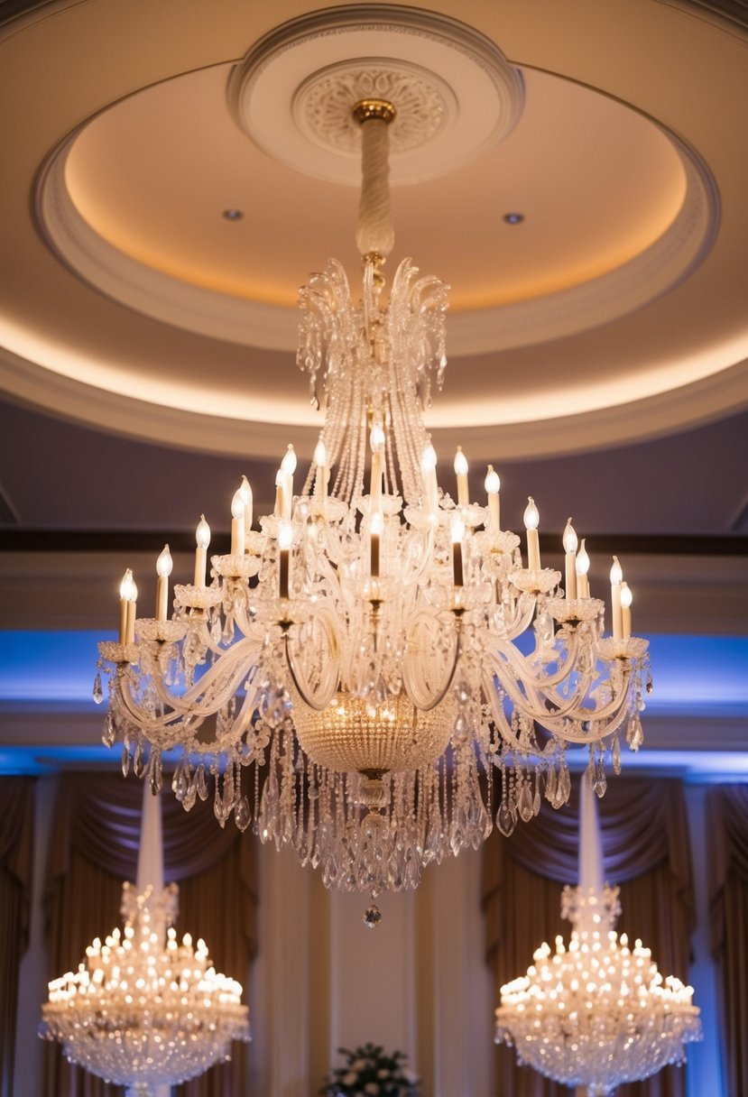 A grand chandelier shines above an elegant wedding reception, casting a warm and romantic glow over the celebration