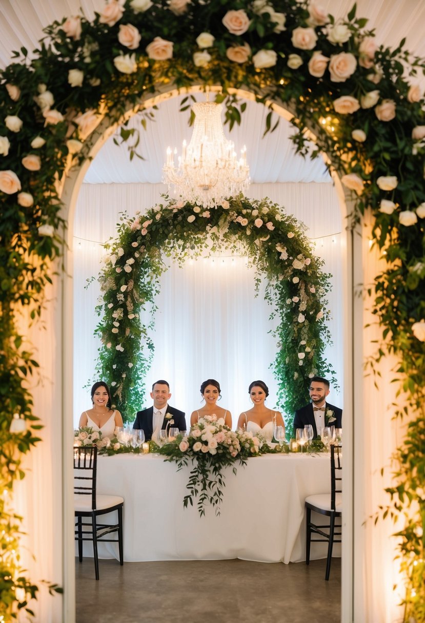 A romantic floral arch frames the head table, with cascading greenery and soft lighting creating a dreamy backdrop for the wedding party