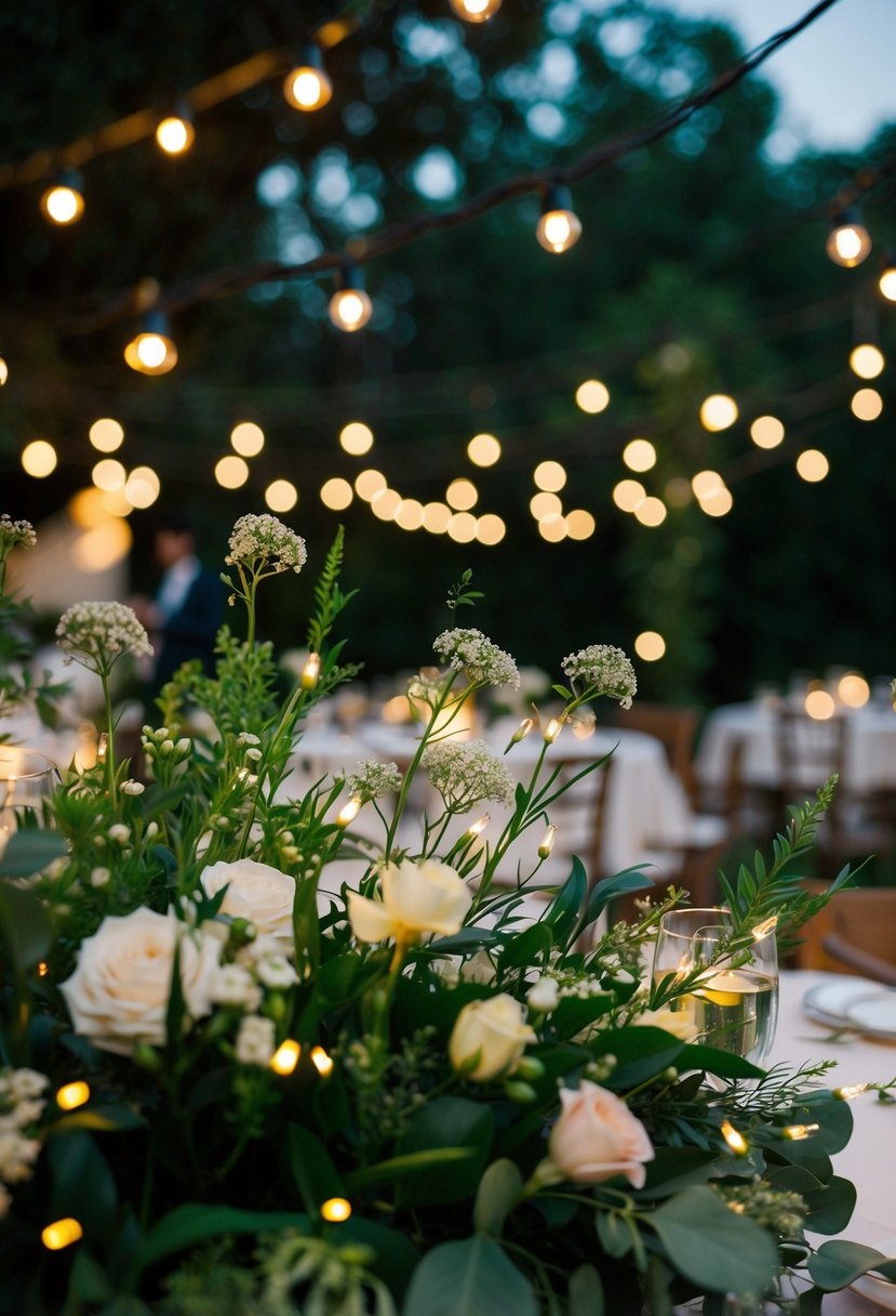 Fairy lights twinkle amidst lush greenery and delicate flowers, casting a warm and romantic glow over an outdoor wedding reception