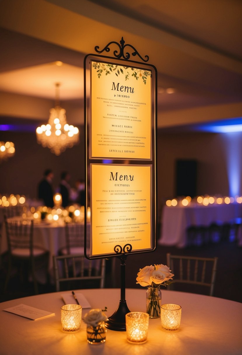 The warm glow of backlit menus and signs illuminates a dimly lit wedding reception, casting a romantic and inviting ambiance over the space