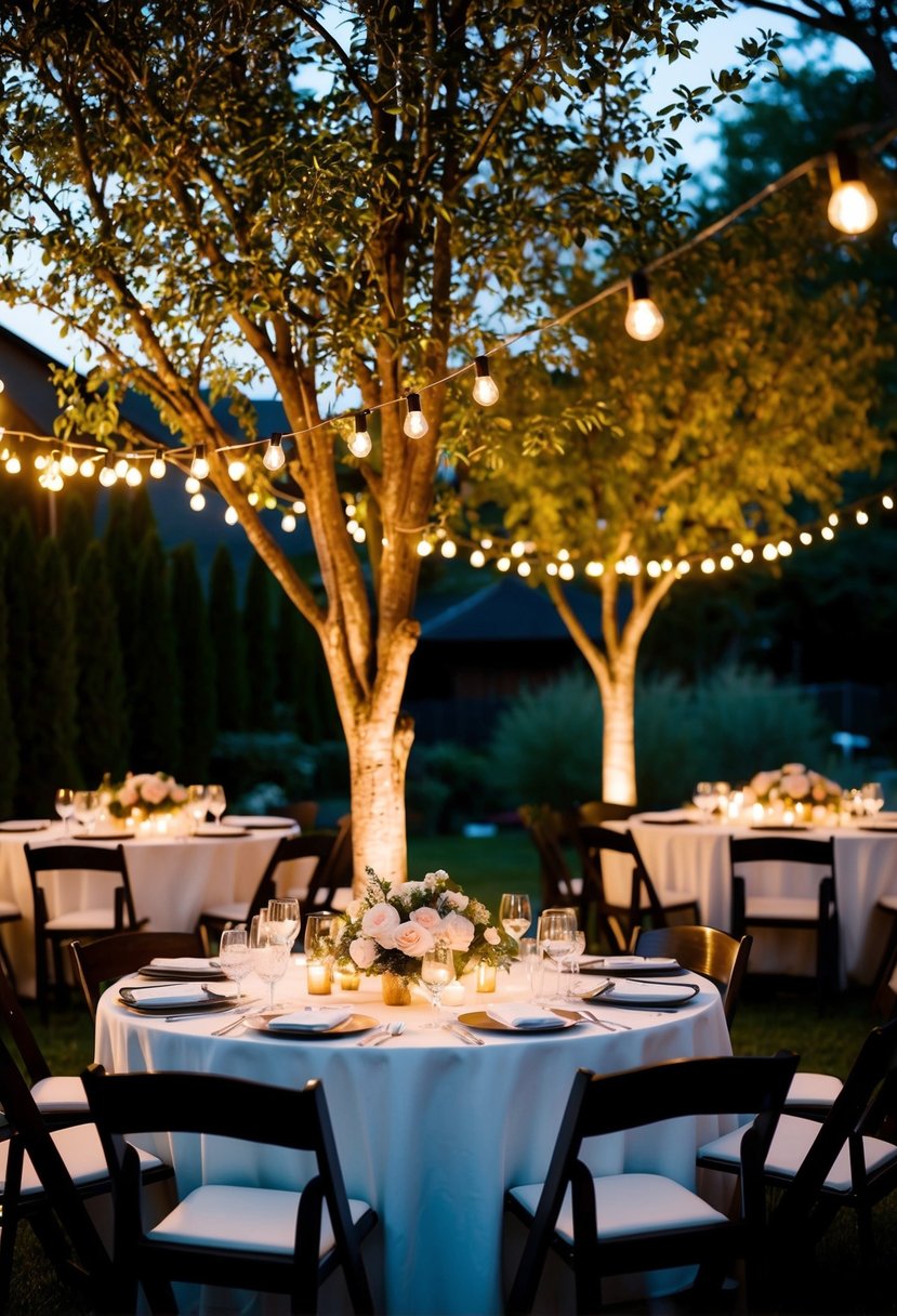 A backyard wedding with DIY uplighting, casting a warm glow on trees and tables