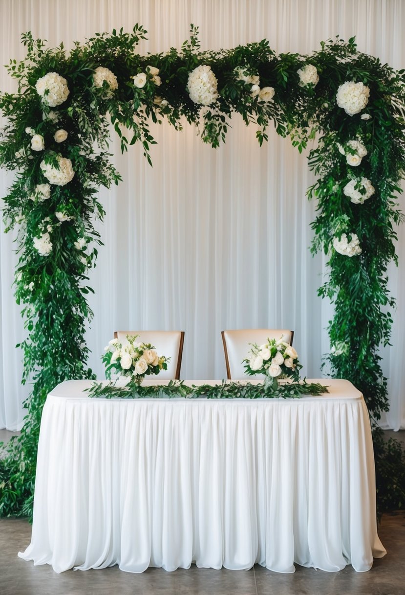 A head table draped with chiffon and adorned with lush greenery as a wedding backdrop