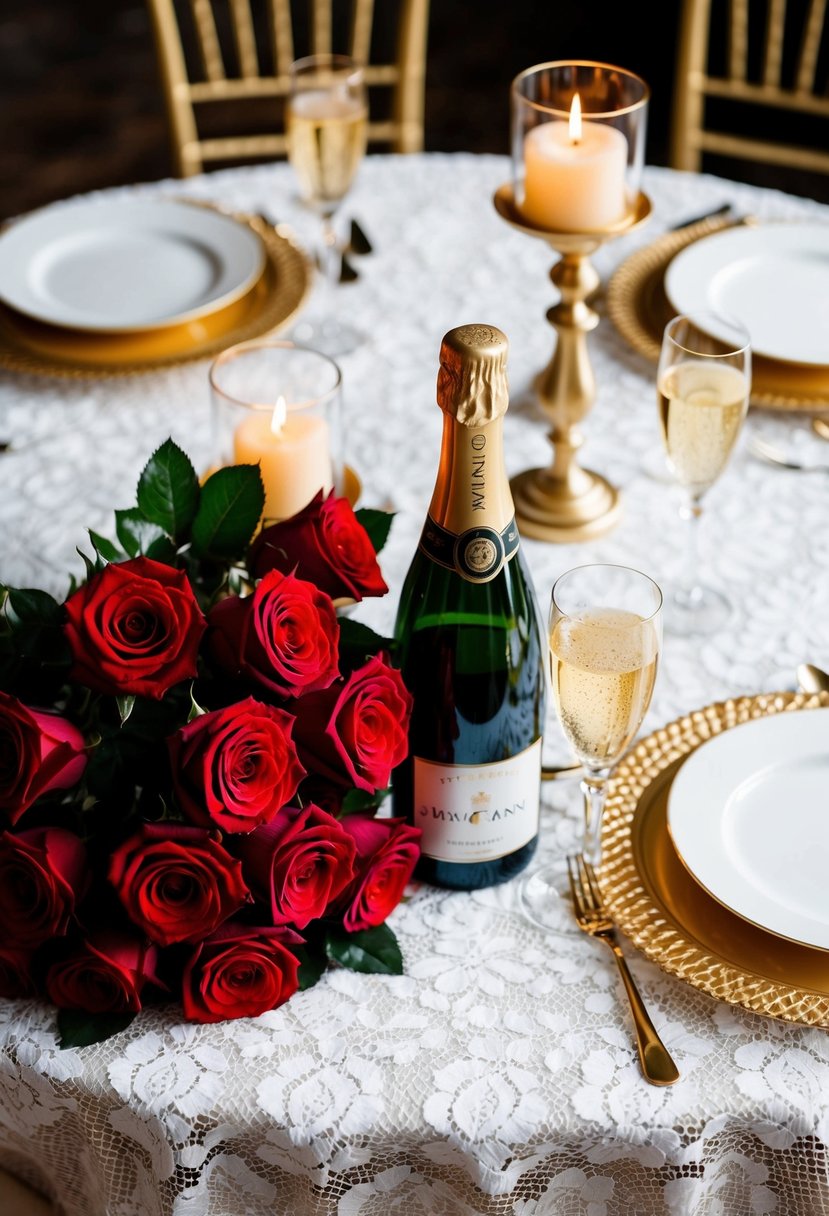 A table set with a white lace tablecloth, adorned with a bouquet of red roses and a bottle of champagne, surrounded by golden candle holders