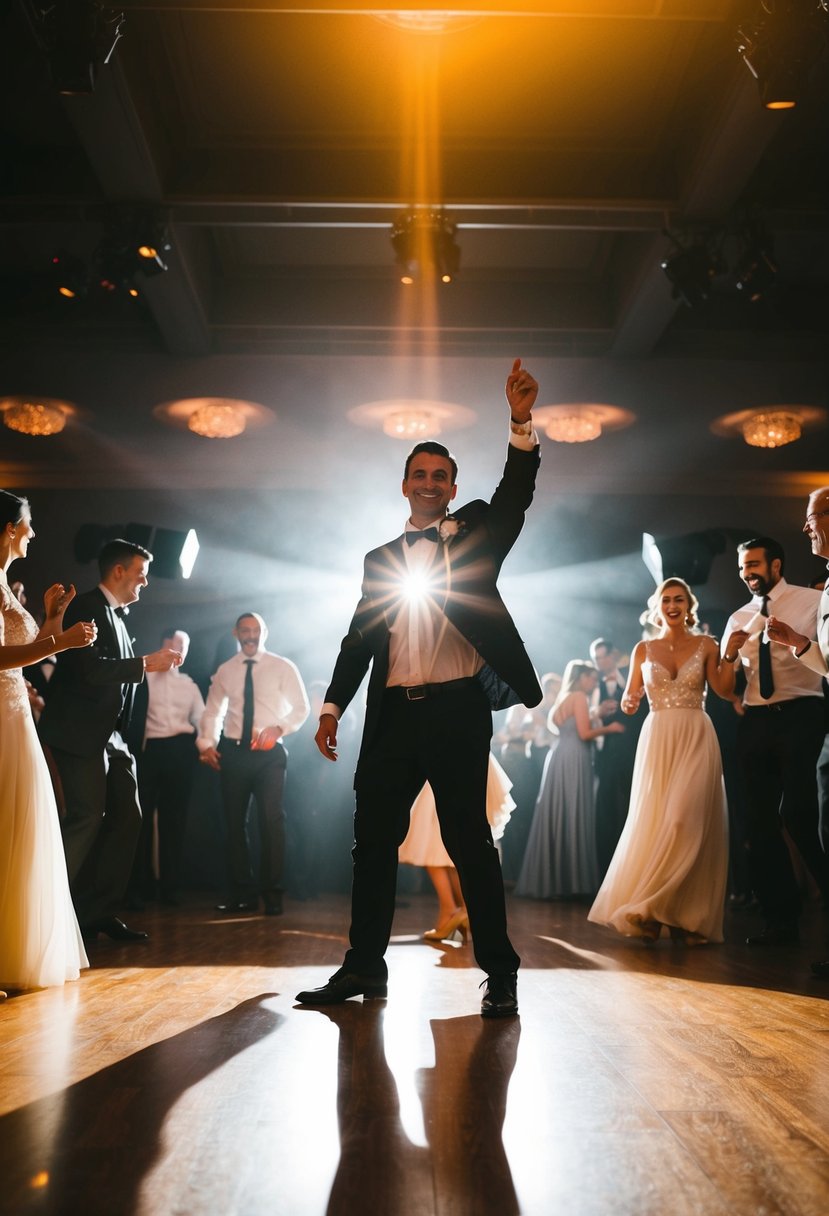 A spotlight shines on the center of the dance floor, casting a warm glow and creating an inviting atmosphere for guests to dance and celebrate