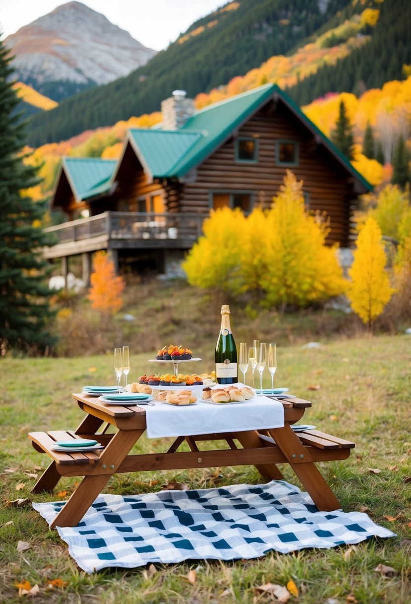 A cozy cabin nestled in the mountains, surrounded by colorful autumn foliage. A picnic table set with a spread of gourmet treats and a bottle of champagne on ice