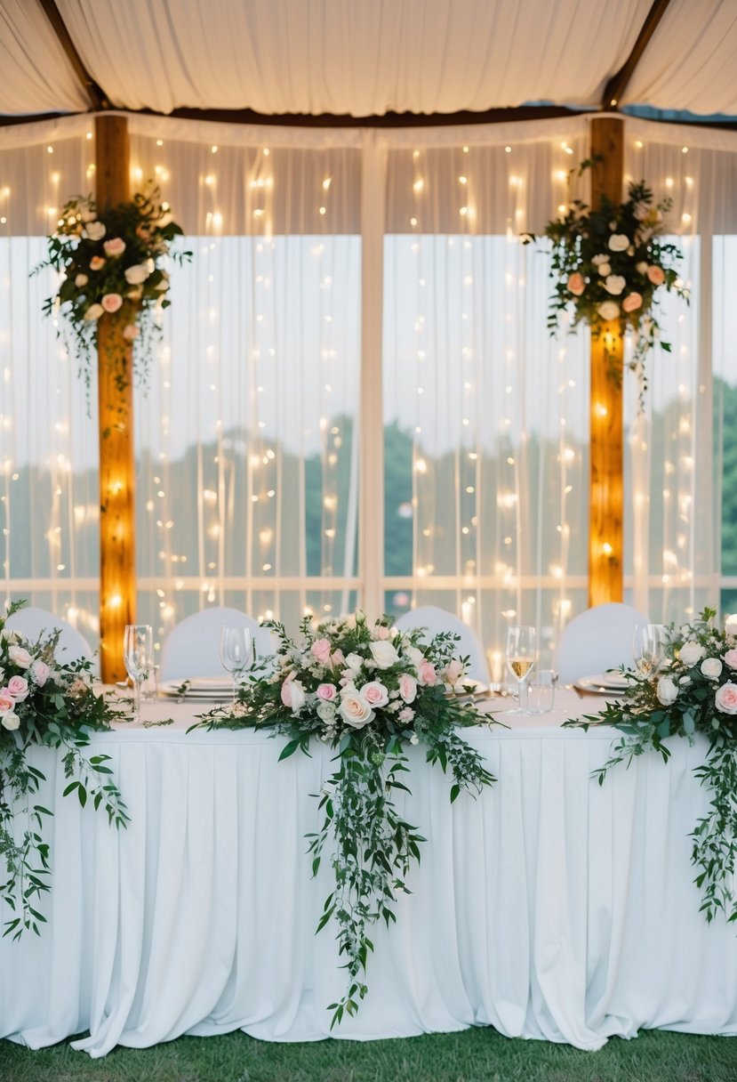 A head table at a wedding adorned with string light curtains and floral accents, creating a romantic and elegant backdrop