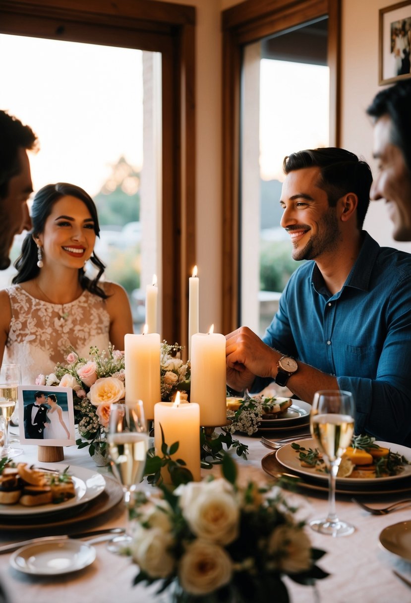 A couple sits at a candlelit table, surrounded by flowers and photos from their wedding day. They share a meal and reminisce about their first date, smiling and holding hands