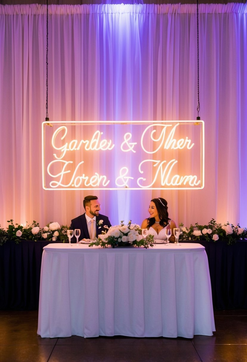 A glowing neon sign with the couples' names hangs above the head table at a wedding reception, casting a romantic and personalized backdrop for the newlyweds