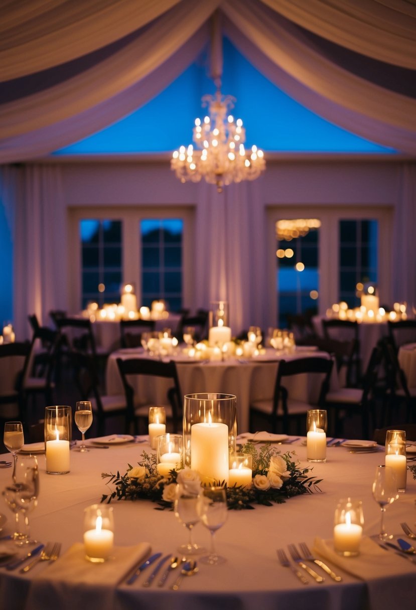 A serene, dimly lit room with elegant floating candle centerpieces adorning the tables, casting a warm, romantic glow over the wedding reception