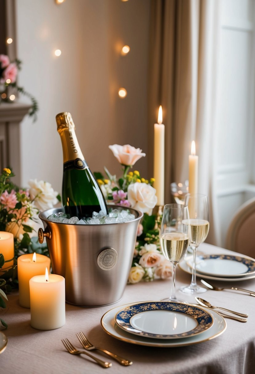 A cozy table set with candles, flowers, and fine china. A bottle of champagne chilling in an ice bucket. Soft lighting and a warm, inviting atmosphere