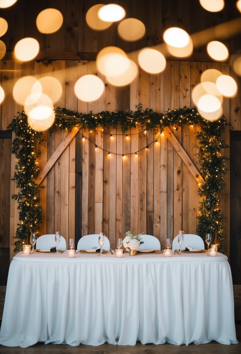 A rustic wooden backdrop adorned with twinkling fairy lights creates a romantic atmosphere for a wedding head table