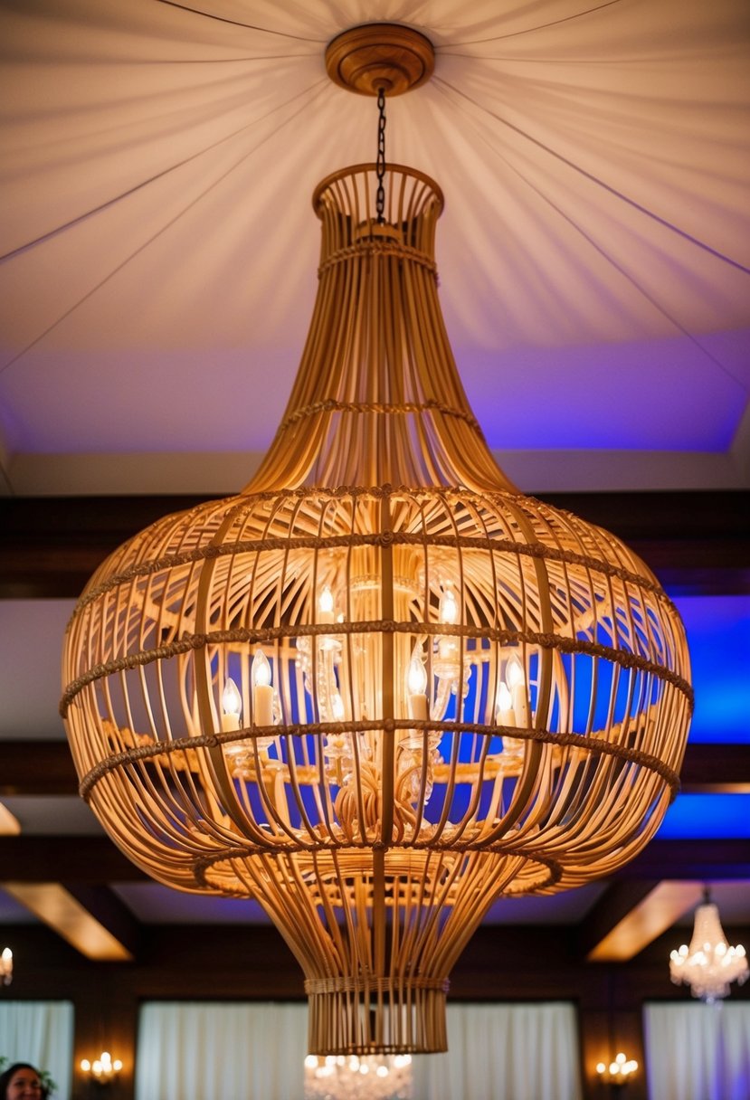 A grand rattan chandelier hangs from the ceiling, casting a warm and romantic glow over the wedding reception