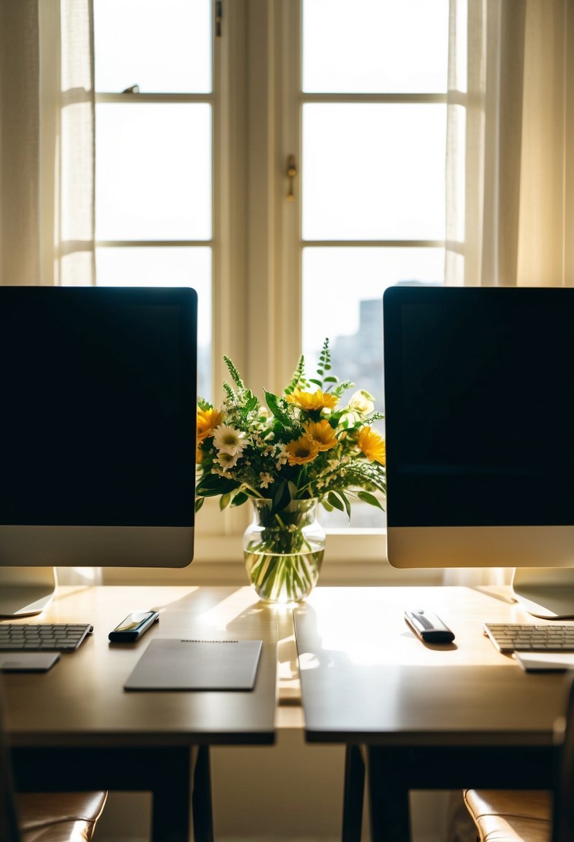 Two desks facing each other, each with a pen and paper. A vase of fresh flowers sits between them. Sunlight streams in through the window, casting a warm glow on the scene