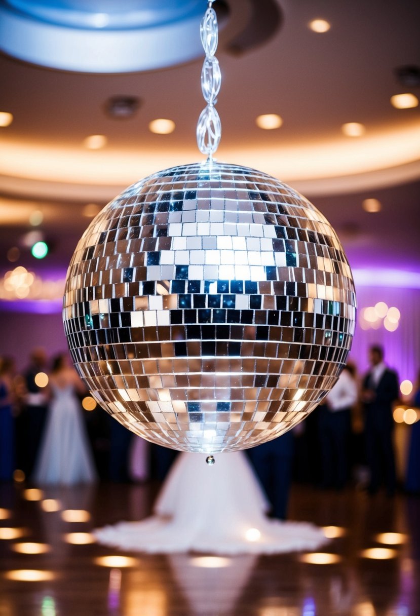 A disco ball suspended from the ceiling, casting shimmering reflections across the dance floor at a wedding reception