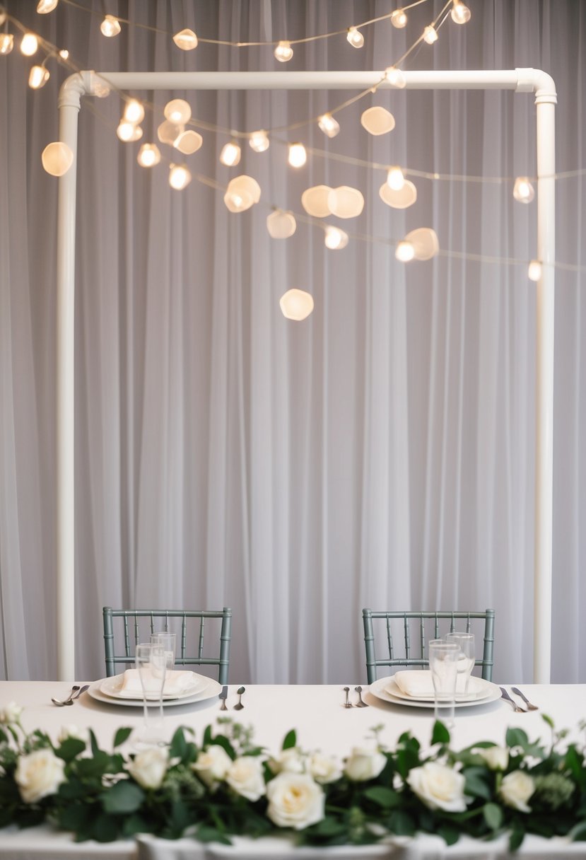 A wedding head table backdrop made of PVC pipes and sheer fabric, creating a romantic and elegant design