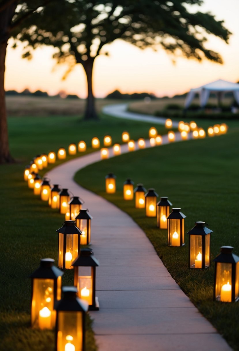 A winding pathway lined with glowing lanterns, creating a warm and romantic ambiance for a wedding celebration