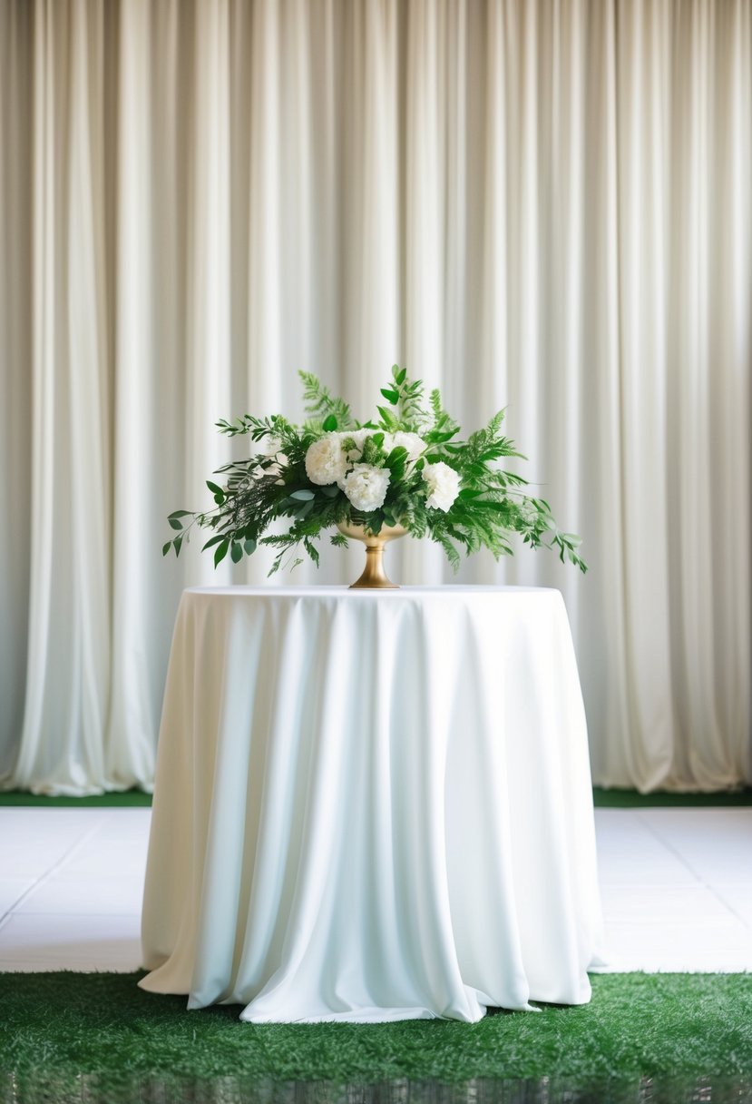 A simple head table with lush greenery against a backdrop of flowing white drapes