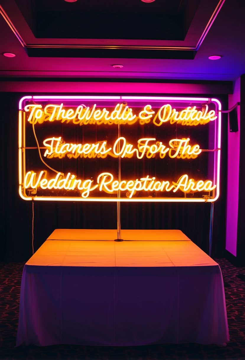 A neon sign glows against a dark backdrop, casting a colorful and vibrant illumination over the wedding reception area