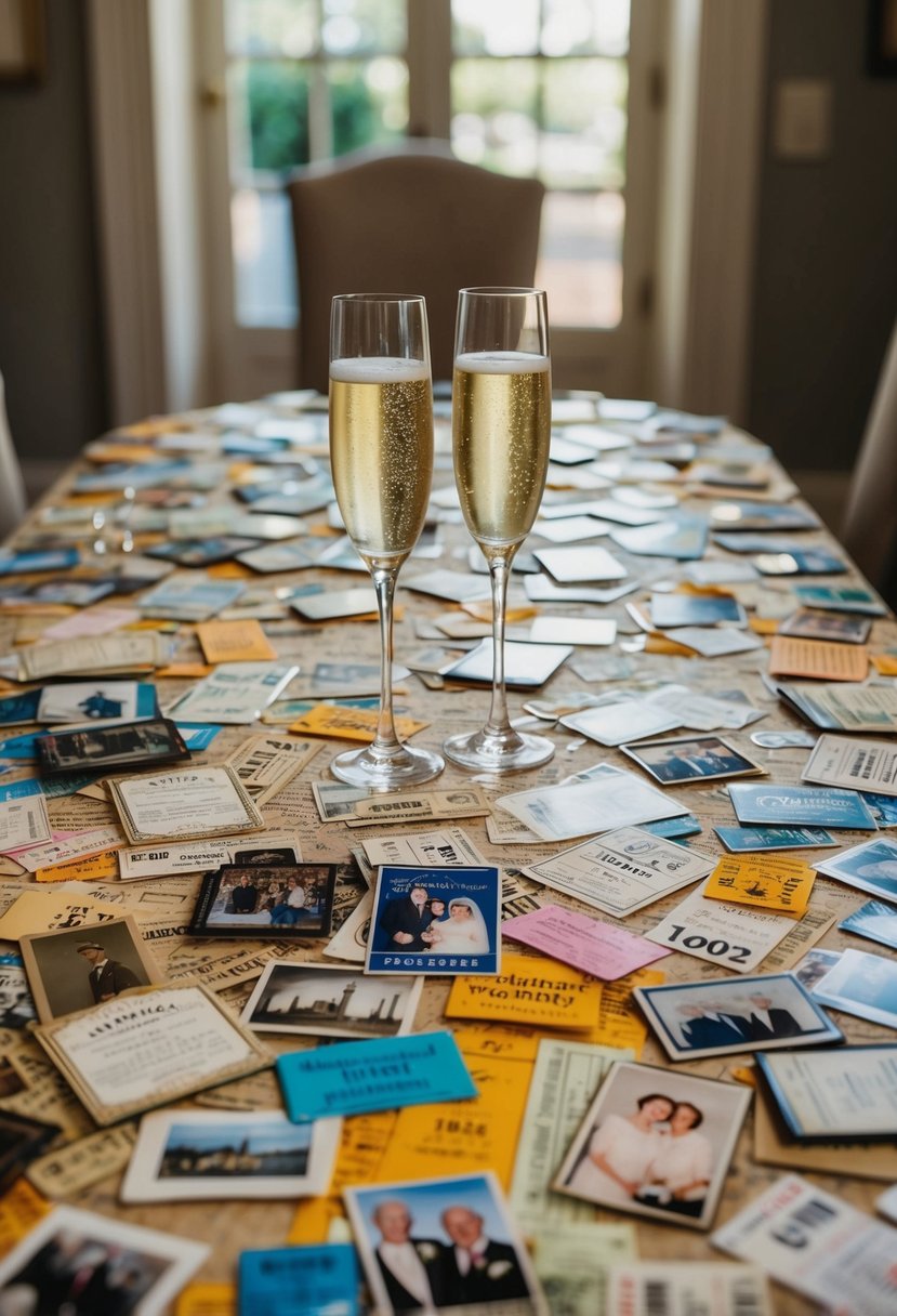 A table covered in old photos, ticket stubs, and mementos from 61 years together. A pair of champagne flutes and a wedding photo sit in the center