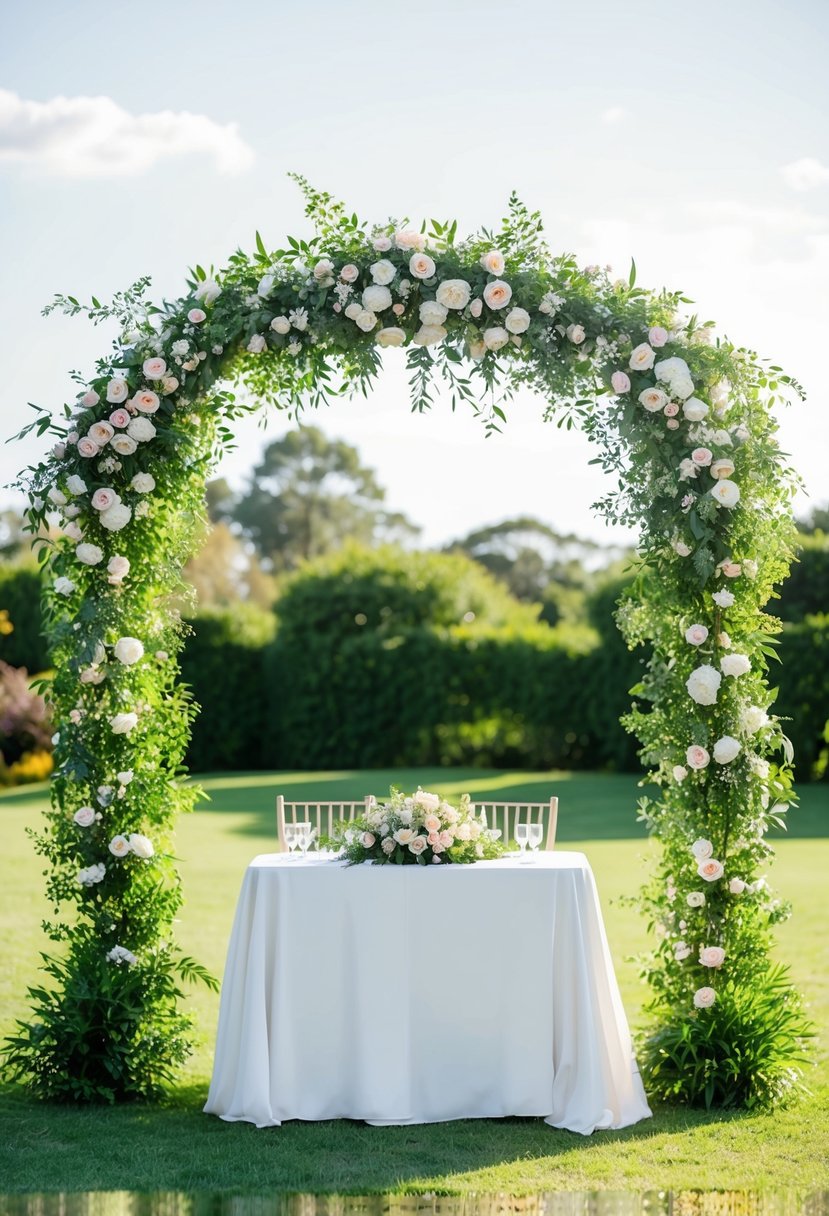 A lush arbor adorned with flowers and greenery frames a wedding head table