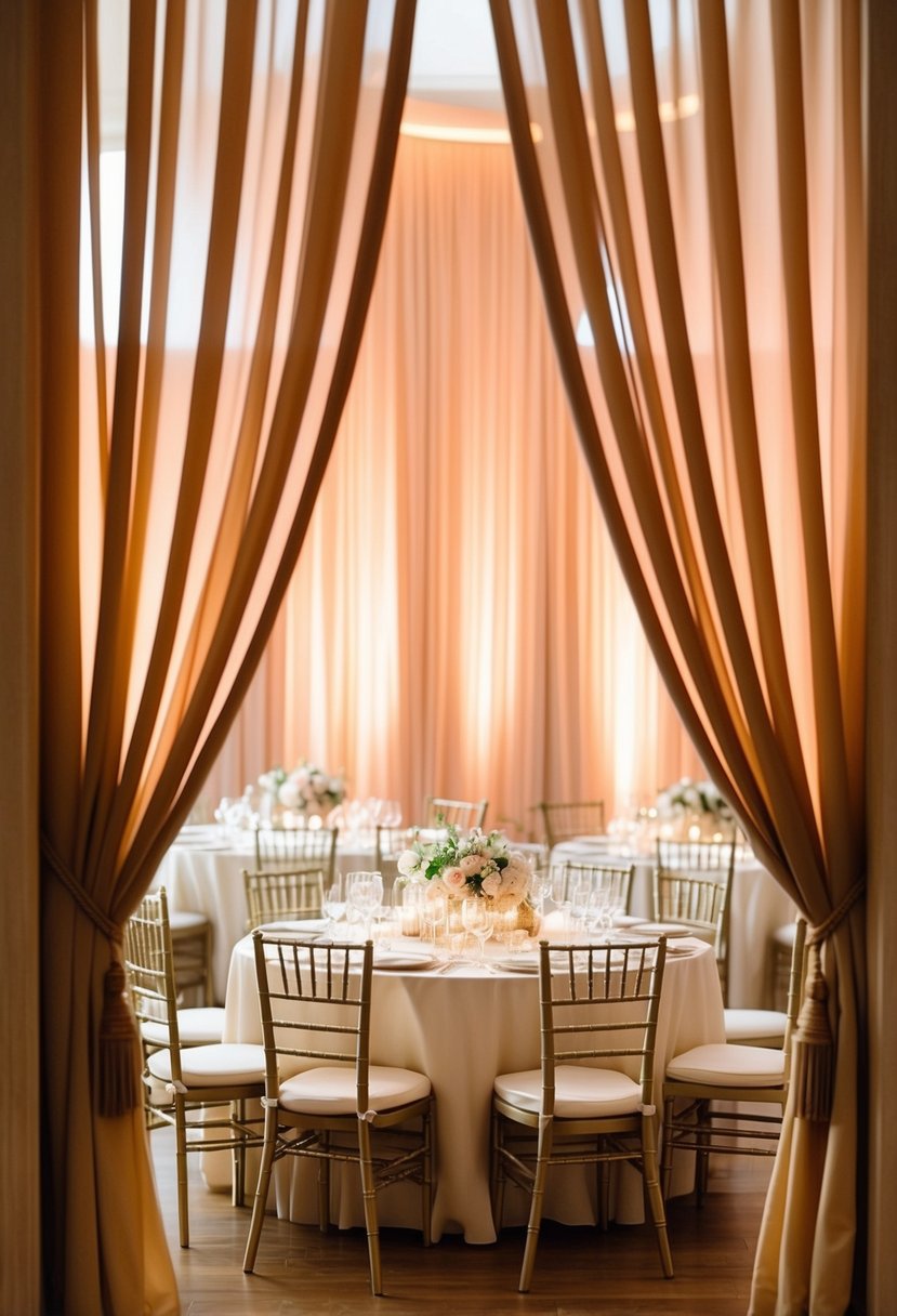 Soft, warm light filters through elegant curtains, casting a romantic glow over a wedding reception