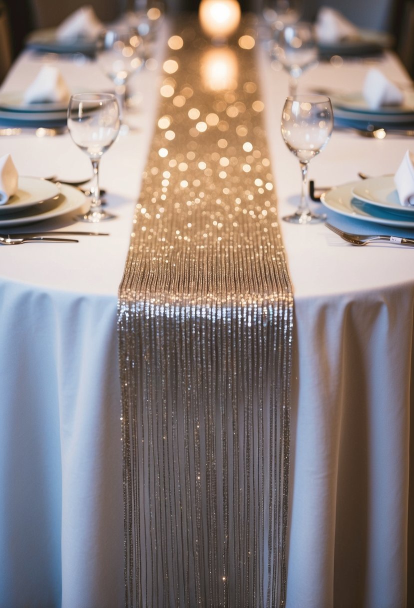 A long, shimmering table runner drapes across a polished table, catching the light and casting a soft, elegant glow