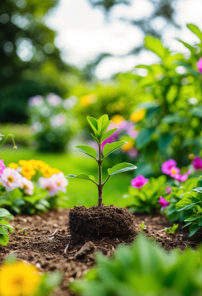 A small sapling planted in a lush garden, surrounded by blooming flowers and vibrant greenery, symbolizing growth and longevity