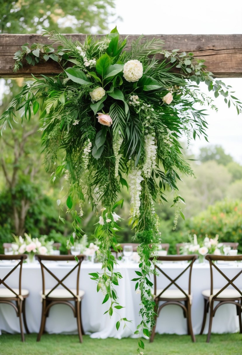 Lush greenery garlands hang from a rustic wooden beam, creating a stunning backdrop for a wedding head table. Vibrant leaves and delicate flowers cascade down, adding a touch of natural beauty to the scene