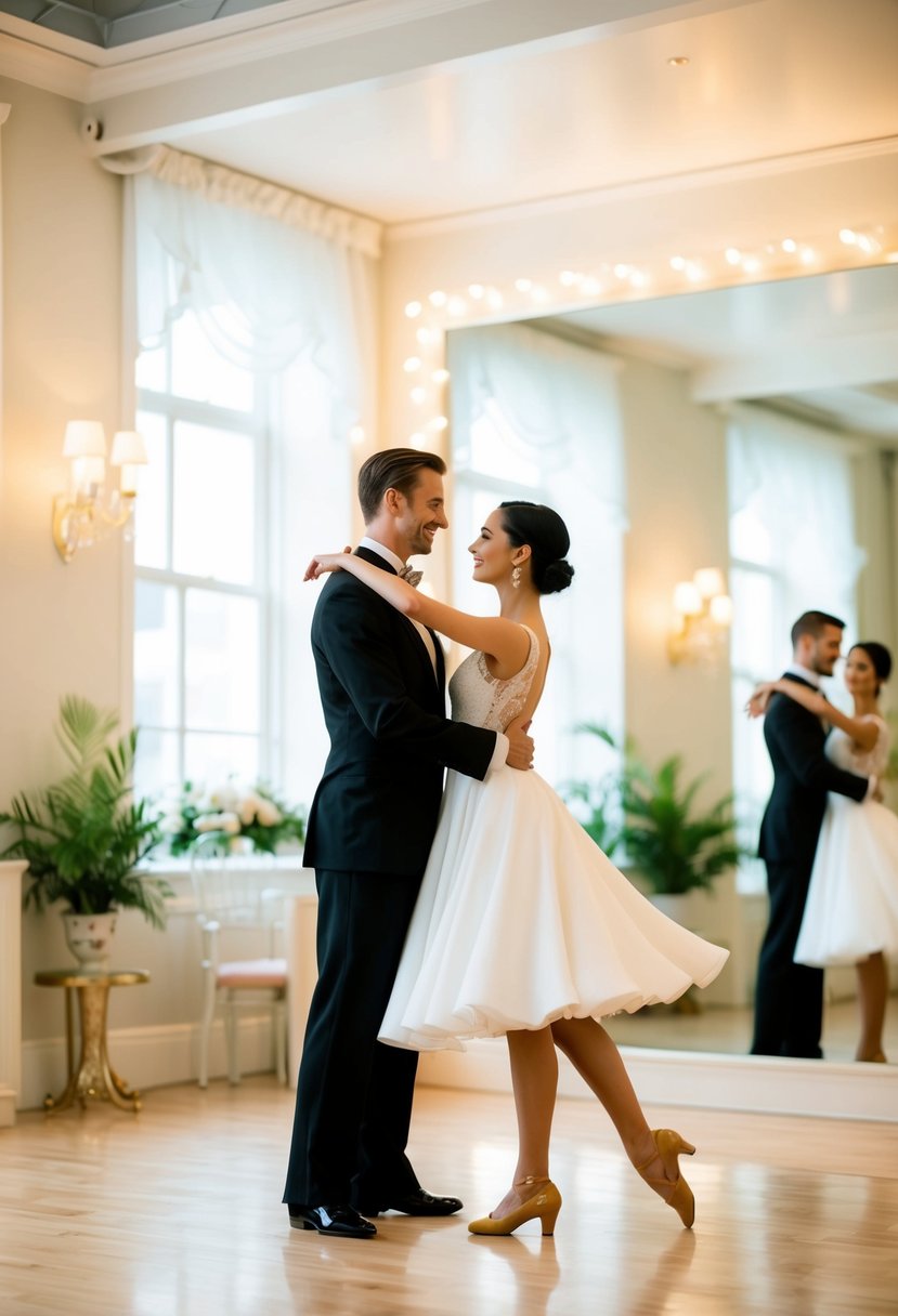 A couple gracefully waltzing in a brightly lit dance studio, surrounded by mirrors and elegant decor