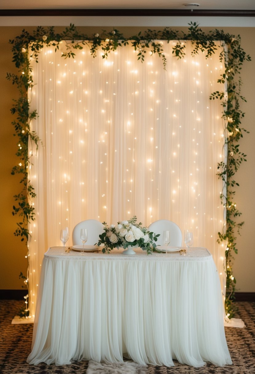 A delicate lace backdrop adorned with twinkling lights, creating a romantic and elegant atmosphere for a wedding head table