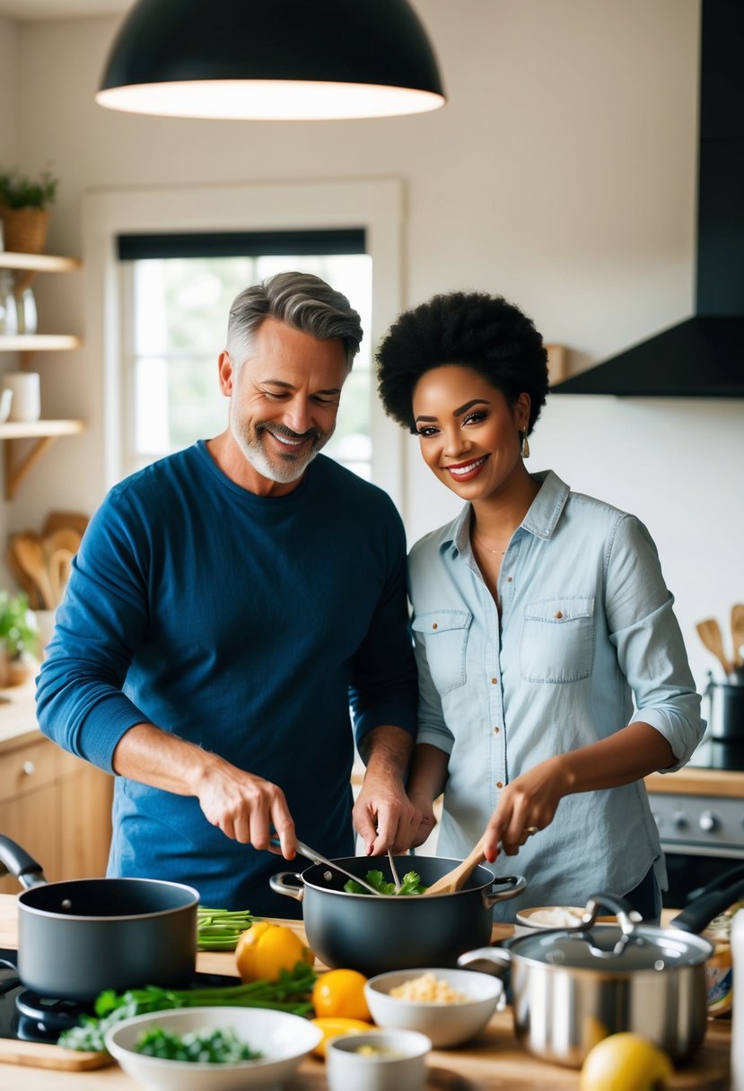 A couple cooking together in a cozy kitchen, surrounded by pots, pans, and fresh ingredients. They are smiling and working as a team to create a new recipe for their 61st wedding anniversary