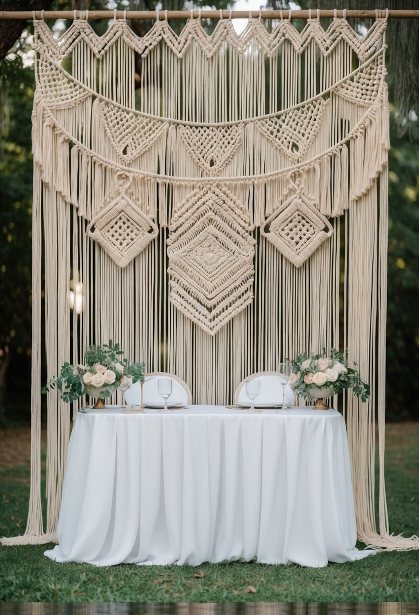 A whimsical macramé backdrop hangs behind a wedding head table, adorned with intricate patterns and cascading fringe