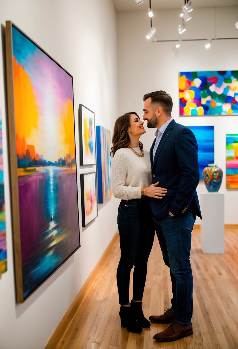 A couple admires a painting in a local art gallery, surrounded by colorful and diverse pieces of art