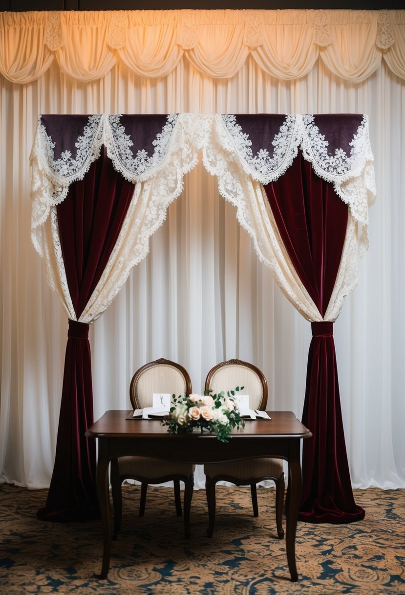 A vintage lace and velvet drapes backdrop frames a wedding head table