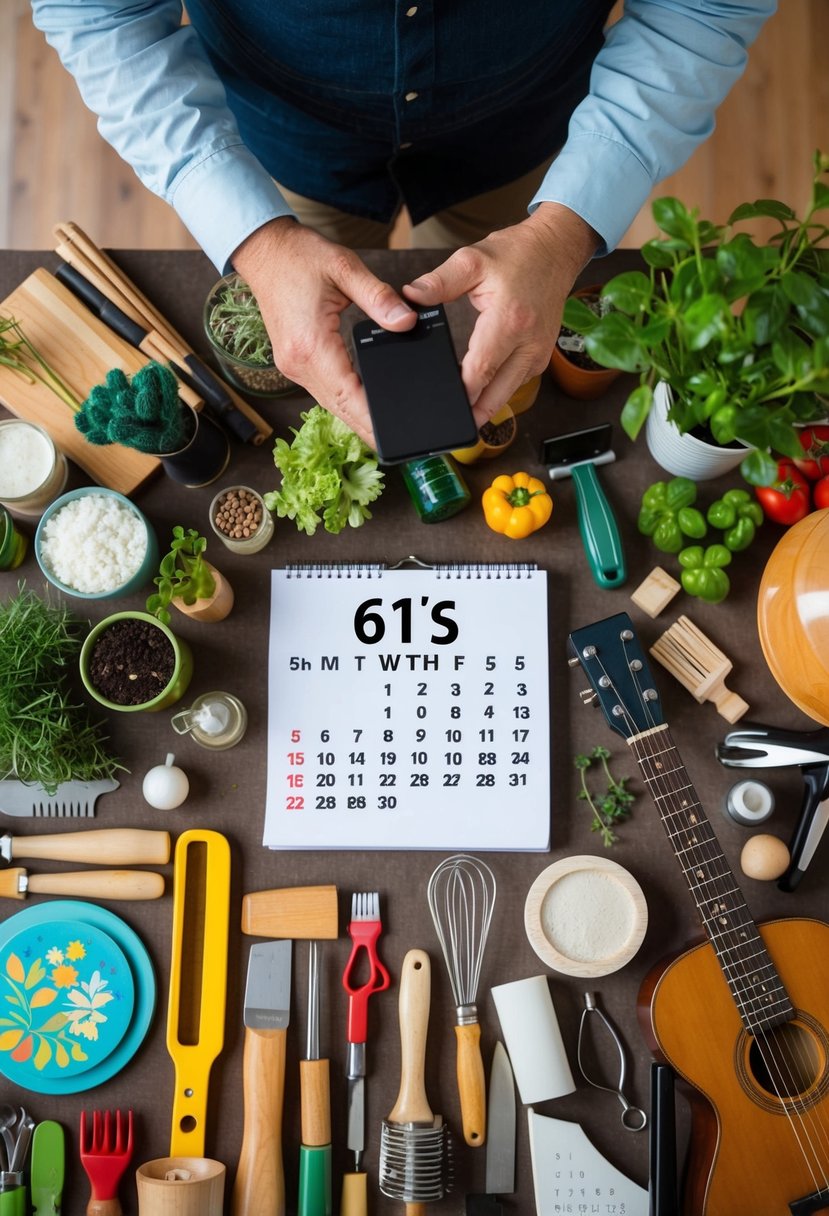 A person surrounded by various hobby supplies, including art supplies, gardening tools, cooking utensils, and musical instruments, with a calendar showing "61st anniversary" date